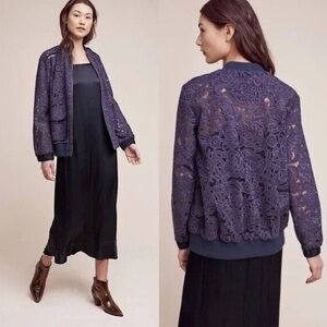 Anthropologie Elevenses Miranda Lace Bomber Jacket - Navy - S